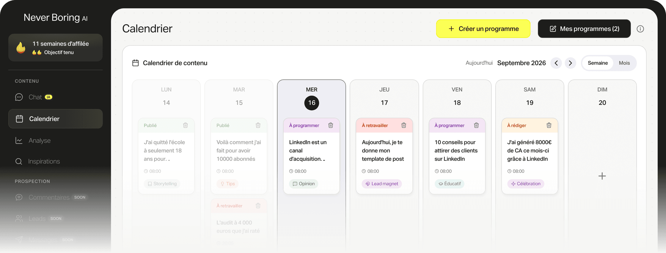 Le calendrier éditorial de Never Boring AI, avec une semaine de posts programmés